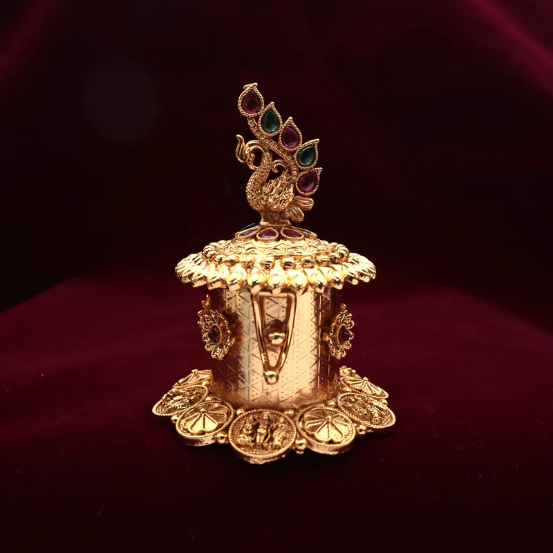 Antique Gold Tall Ram Parivar Coin Kemp Peacock Kumkum Box